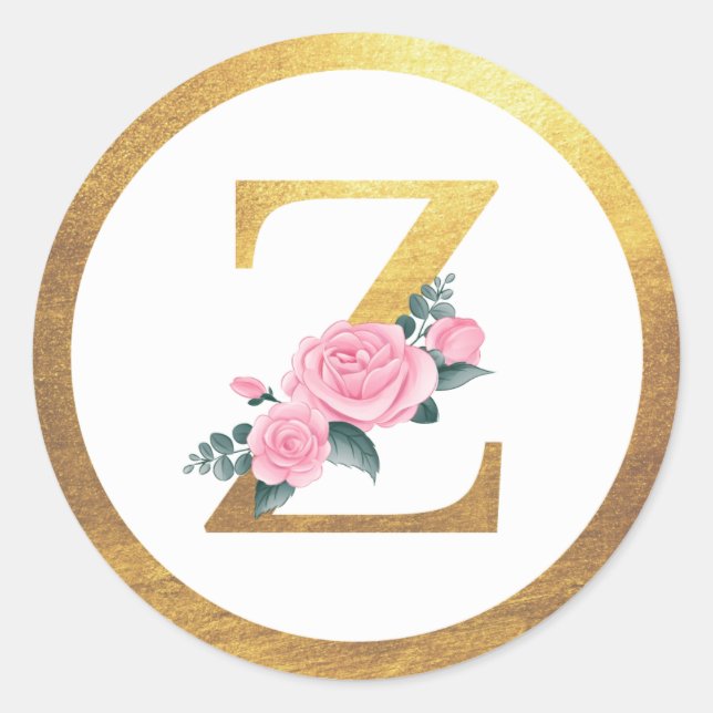 Sticker Rond Lettre Z Monogramme Roses rose Floral & Elegant Or (Devant)