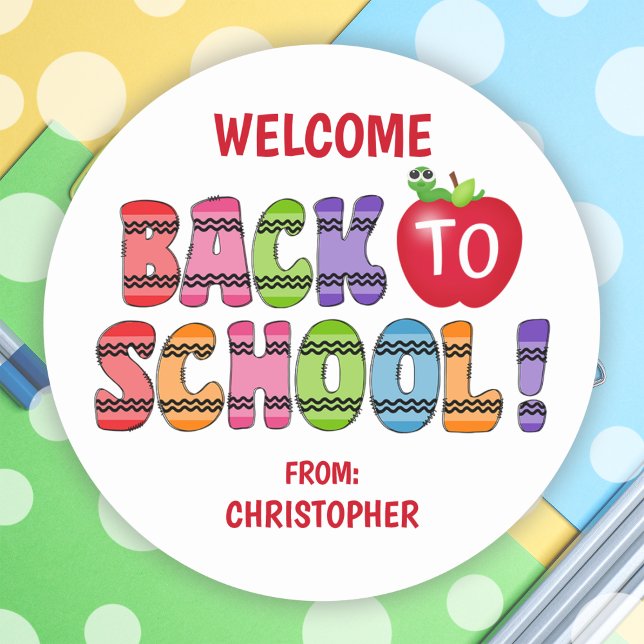 Sticker Rond Lettres Cute Crayon Retour À L'École (Cute Crayon Letters Back To School Classic Round Sticker)