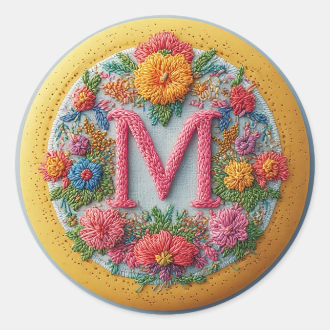 Sticker Rond Lettres décoratives Art Broderie Alphabet Design (Devant)