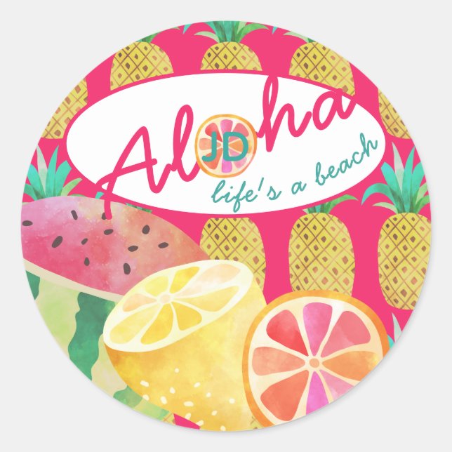 Sticker Rond Lève une plage ! Fun Tropical Fruit Monogramme (Devant)