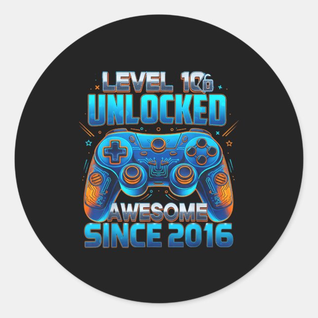 Sticker Rond Level 10 Unlocked Awesome Since 2016 10th Birthday (Devant)
