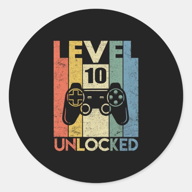 Sticker Rond Level 10 Unlocked Funny Video Gamer 10th Birthday  (Devant)