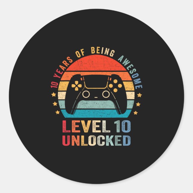 Sticker Rond Level 10 Unlocked Shirt Funny Video Gamer 10th Bir (Devant)