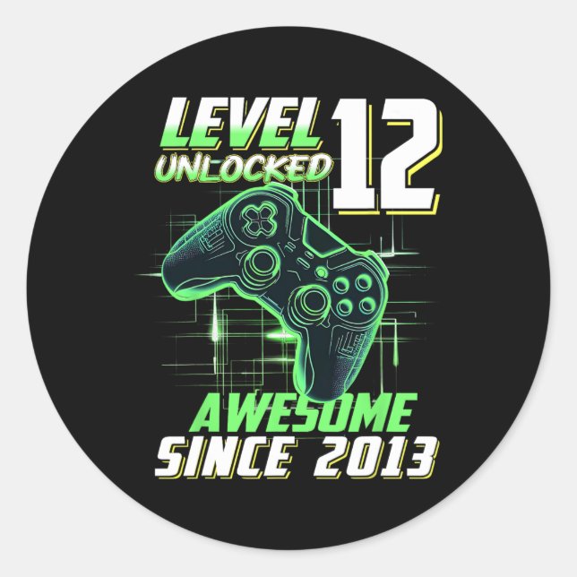 Sticker Rond Level 12 Unlocked Awesome Since 2013 12th Birthday (Devant)