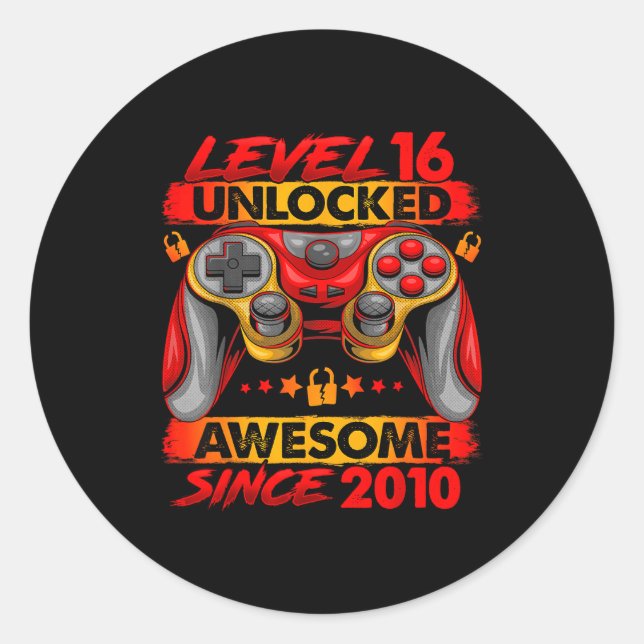 Sticker Rond Level 16 Unlocked 16 Year Old Boys 16th Birthday B (Devant)