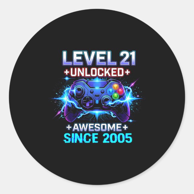 Sticker Rond Level 21 Unlocked Awesome Since 2005 21st Birthday (Devant)