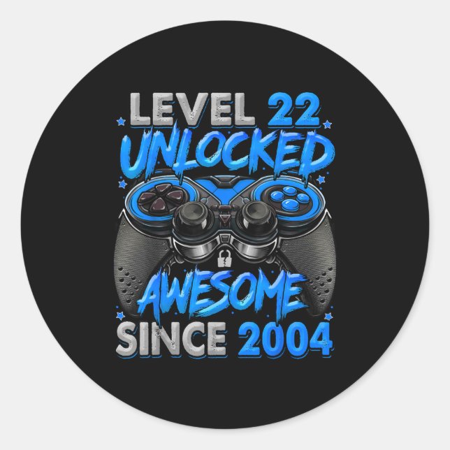 Sticker Rond Level 22 Unlocked Awesome Since 2004 22nd Birthday (Devant)