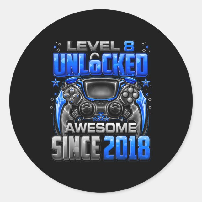 Sticker Rond Level 8 Unlocked Awesome Since 2018 8th Birthday G (Devant)