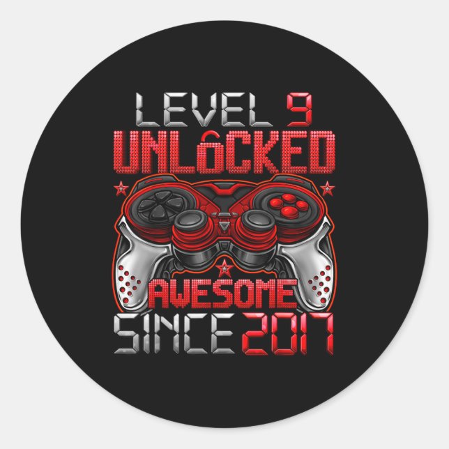 Sticker Rond Level 9 Unlocked 9 Year Old For Boys 9th Birthday  (Devant)