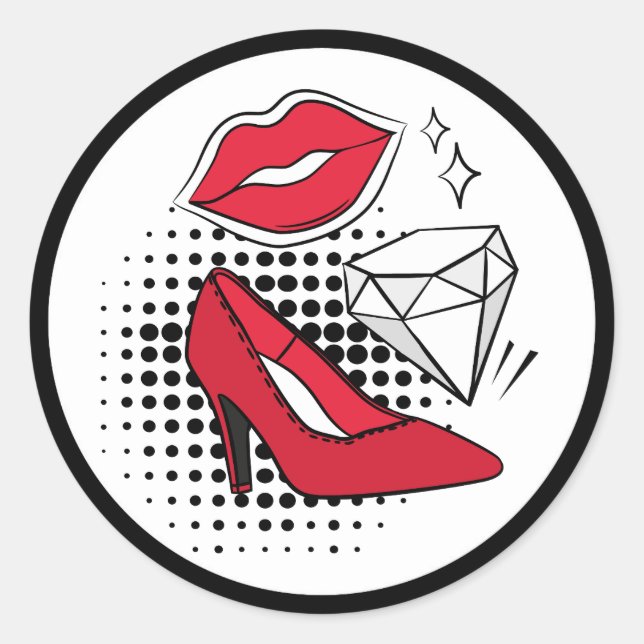 Sticker Rond Levier Baiser Rouge Haut talons Diamant Glam moder (Devant)