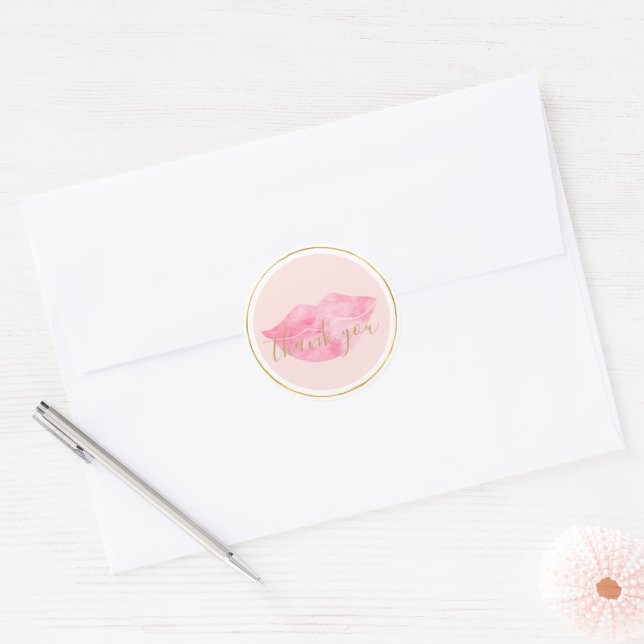 Sticker Rond Lèvres aquarelle rose Merci (Enveloppe)