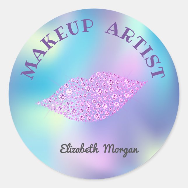 Sticker Rond Lèvres Diamants Modérées, Iridescent Holographique (Devant)