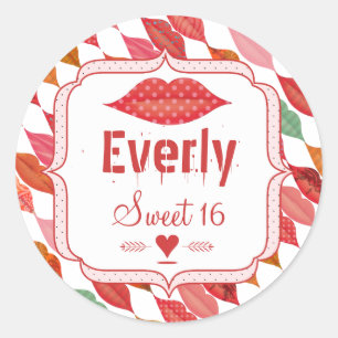 Sticker Rond Lèvres Mme Hipster Retro Sweet 16