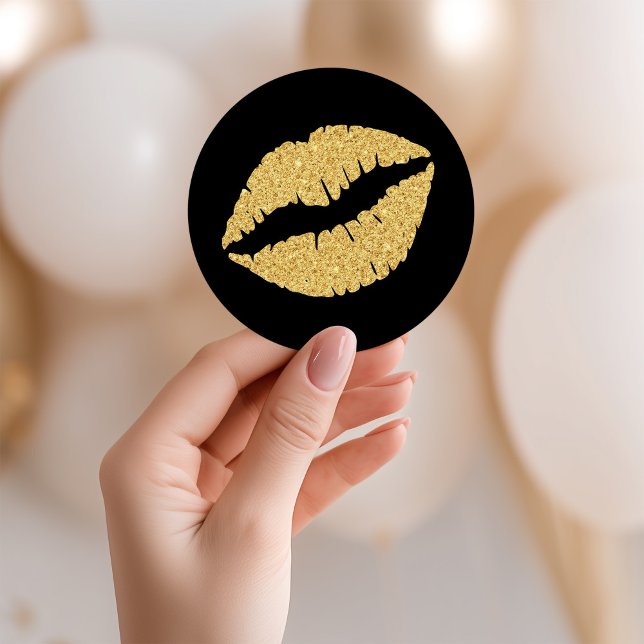 Sticker Rond Lèvres Pailletées Noir et Or (Black and Gold Glitter Lips Classic Round Sticker)