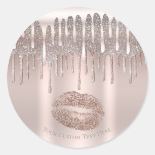 Sticker Rond Lèvres Rose Doré Glacé aux Diamants Brillant Baise