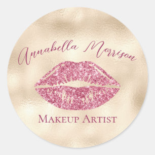 Sticker Rond Lèvres scintillantes rose glamour sur or champagne