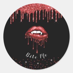 Sticker Rond Lèvres Vampire Rouge Paillettes Dégoulinantes Hall