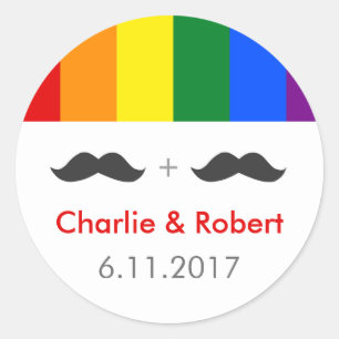 Sticker Rond LGBT Gay Mariage Mustaches Arc-en-ciel