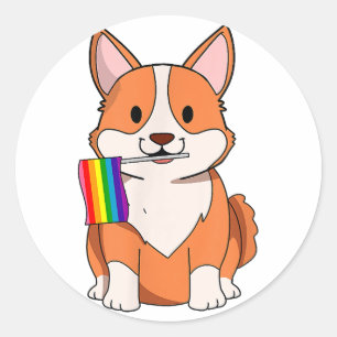Sticker Rond LGBT Pride Cute Corgi Chien avec drapeau arc-en-ci