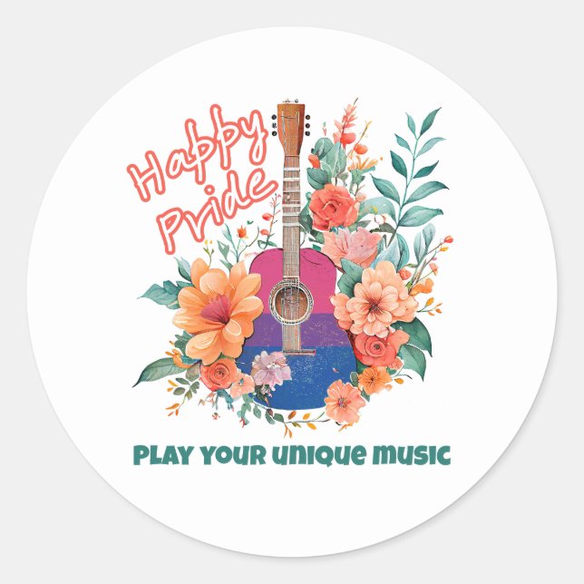 Sticker Rond LGBTQ Happy Pride, Guitare Rétro & Fleurs, Bi (Devant)