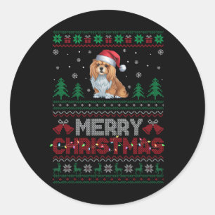 Sticker Rond Lhasa Apso Amoureux de les chiens Santa Hat Christ