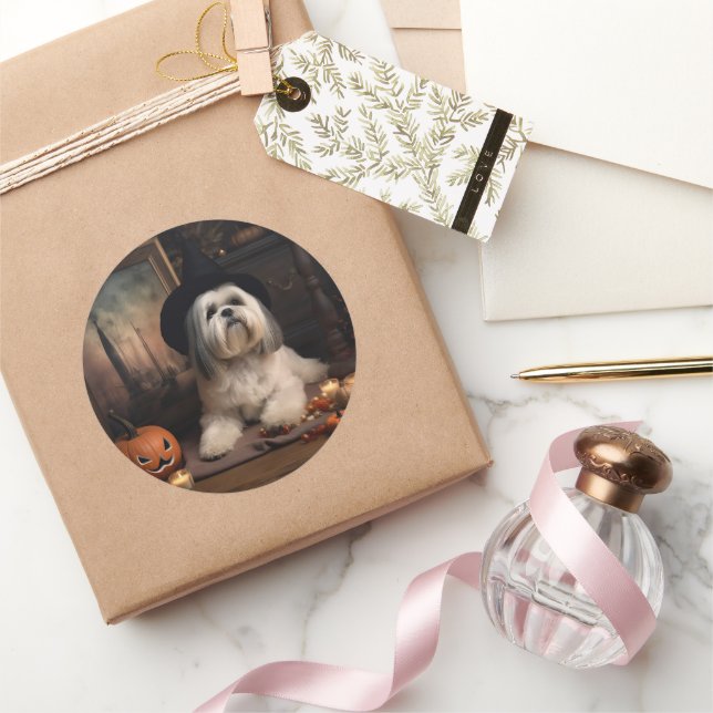 Sticker Rond Lhasa Apso Citrouilles Halloween Épouvantable (Cadeaux)