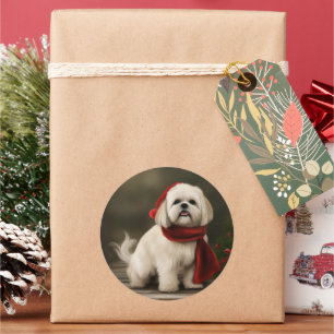Sticker Rond Lhasa Apso dans la neige de Noël