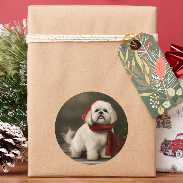 Sticker Rond Lhasa Apso dans la neige de Noël (vacances)