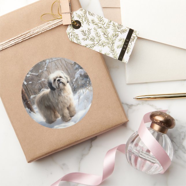 Sticker Rond Lhasa Apso Qu'il neige Noël  (Cadeaux)