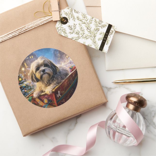 Sticker Rond Lhasa Apso Saison des Fêtes de Noël (Cadeaux)