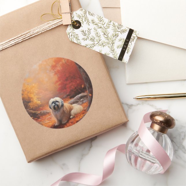 Sticker Rond Lhassa Apso à l'automne Leaves automne Inspire (Cadeaux)