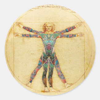 Sticker Rond L'homme vitruvien de Da Vinci avec tatouages