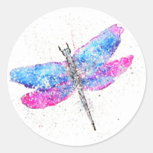 Sticker Rond Libellule aquarelle rose bleu