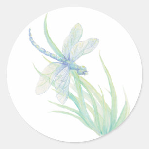 Sticker Rond Libellule originale d'aquarelle dans le bleu et le