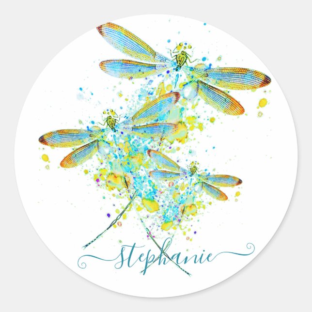 Sticker Rond Libellule sarcelle éclaboussure personnalisée  (Devant)