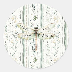 Sticker Rond Libellule Vert Blanc Chic Floral Inspirant 