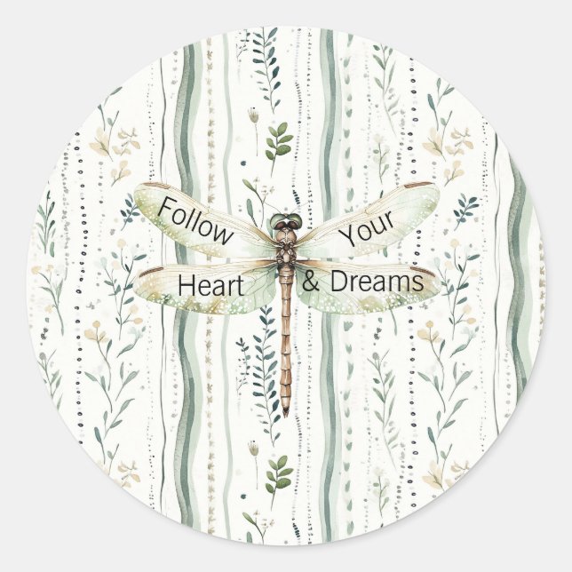 Sticker Rond Libellule Vert Blanc Chic Floral Inspirant  (Devant)