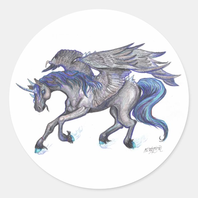 Sticker Rond licorne à ailes noire et bleue (Devant)