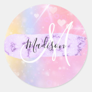 Sticker Rond Licorne Arc-en-Ciel Cœurs Monogramme Coloré Fémini