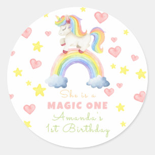 Sticker Rond Licorne Arc-en-Ciel Magie Un Premier Anniversaire