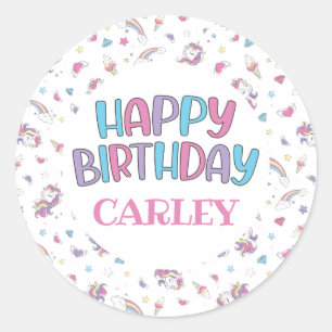 Sticker Rond Licorne Arc-en-Ciel Pastel Joyeux Anniversaire, To