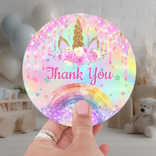 Sticker Rond Licorne arc-en-ciel rose aqua anniversaire merci