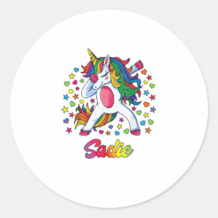 Sticker Rond Licorne arc-en-ciel Sadie Dabbing Nom personnalisé