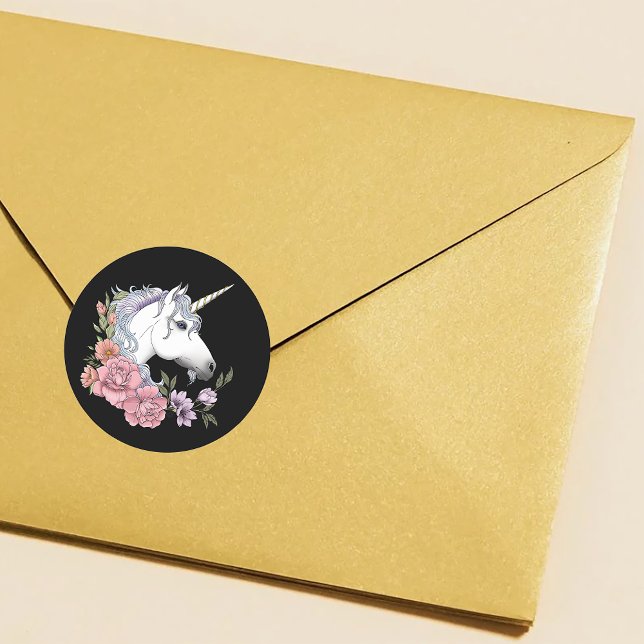 Sticker Rond Licorne Blanche Enchantée Fleurs Rose Noir (Créateur téléchargé)