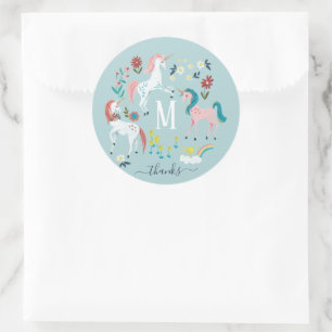 Sticker Rond Licorne bleu monogramme anniversaire filles mignon
