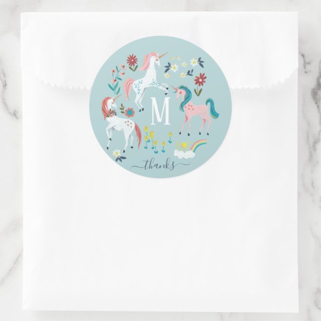 Sticker Rond Licorne bleu monogramme anniversaire filles mignon (Sac)