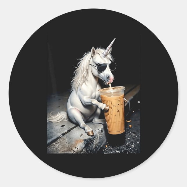 Sticker Rond Licorne buvant un café glacé mème drôle d'animal h (Devant)