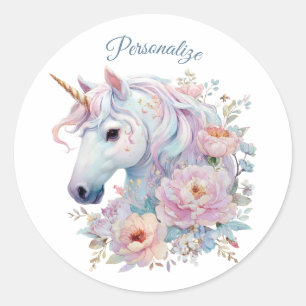 Sticker Rond Licorne Capricieuse aux Accents Floraux Pastel