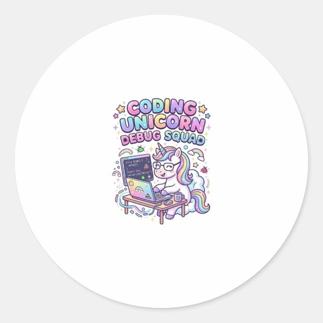 Sticker Rond Licorne Coding Licorne Debug Squad Marché Charmant (Devant)