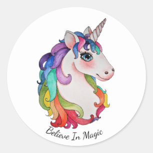 Sticker Rond Licorne d'aquarelle avec des cheveux d'arc-en-ciel